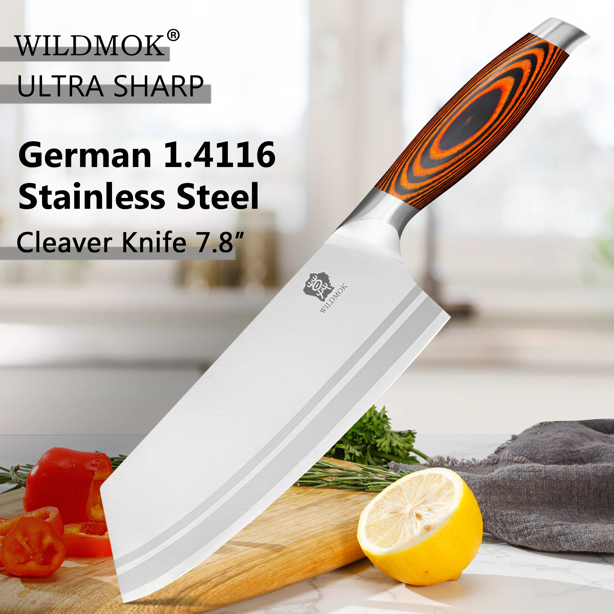 WILDMOK Cleaver Knife, 7.8 Inch Pro Meat Vegetable Nakiri Knife Ultra Sharp German Steel with Pakkawood Handle
WILDMOK Cleaver Knife, 7.8 Inch Pro Meat Vegetable Nakiri Knife Ultra Sharp German Steel with Pakkawood Handle
