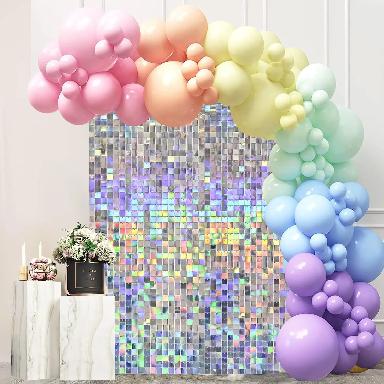 Iridescent Silver Shimmer Wall Backdrop, 24 Panels Cover 6x4 Ft for Wedding Anniversary Birthday Party Decoration
Iridescent Silver Shimmer Wall Backdrop, 24 Panels Cover 6x4 Ft for Wedding Anniversary Birthday Party Decoration