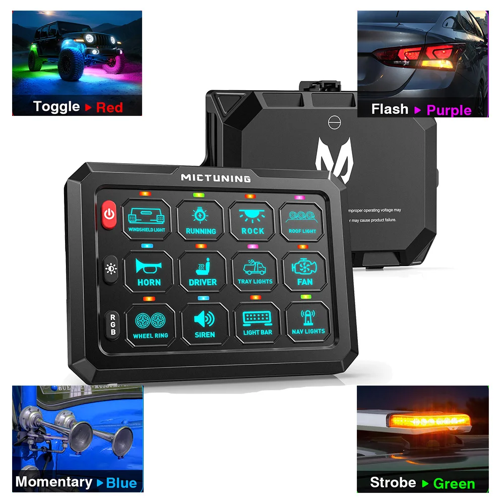 MICTUNING P1C RGB 12 Gang Switch Panel Toggle Momentary Flash Strobe Circuit Control Relay System Box for Off Road Truck SUV UTV
MICTUNING P1C RGB 12 Gang Switch Panel Toggle Momentary Flash Strobe Circuit Control Relay System Box for Off Road Truck SUV UTV
