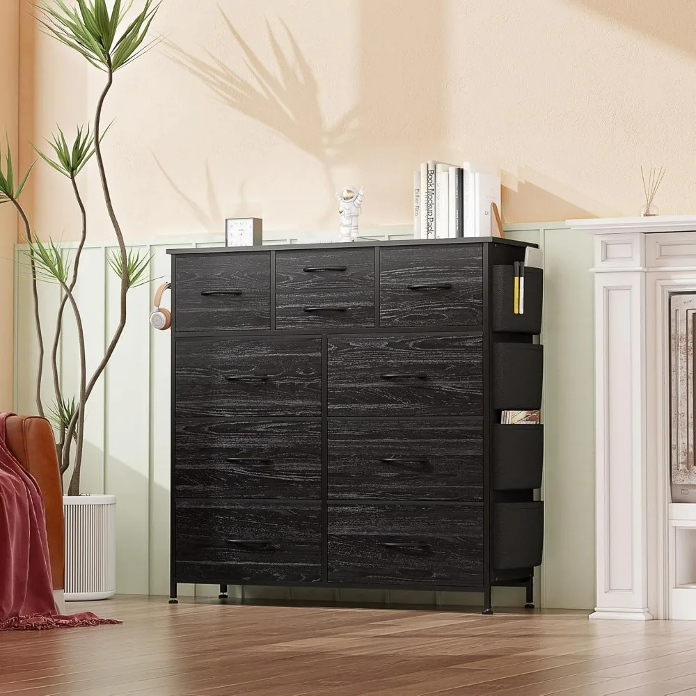 Dresser with 10 Drawers, Chest of Drawers with Side Pockets, Hooks, Wooden Top and Sturdy Metal Frame, Fabric Dressers Drawers
Dresser with 10 Drawers, Chest of Drawers with Side Pockets, Hooks, Wooden Top and Sturdy Metal Frame, Fabric Dressers Drawers