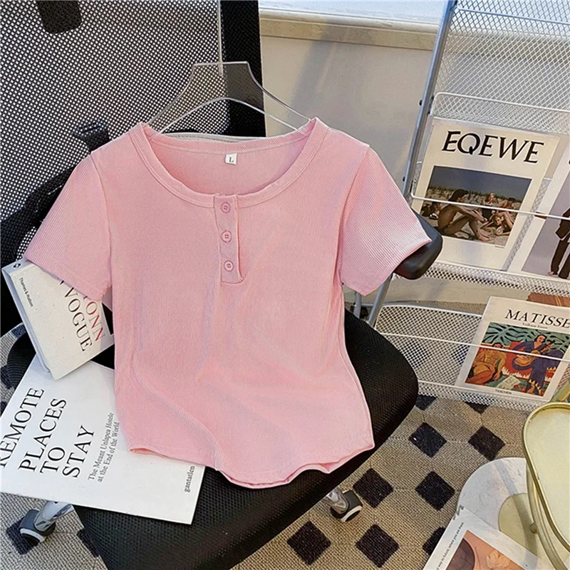 Pink round Ne ort Sve T-irt Women's Summer Slim Fit Casual Versatile oulder Length Uneven Hem Top Korean Sle
Pink round Ne ort Sve T-irt Women's Summer Slim Fit Casual Versatile oulder Length Uneven Hem Top Korean Sle