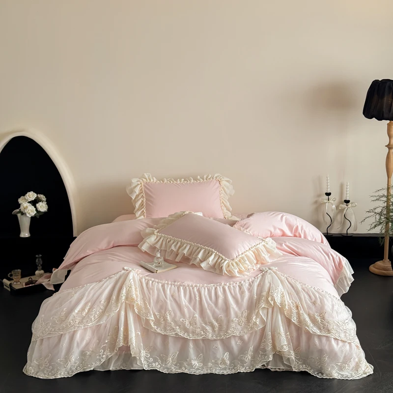 100% Cotton Pink Double Layer Lace Ruffle Wedding Bedding Set Queen King Size Duvet Cover Flat/Fitted Bed Sheet Pillowcases 4Pcs
100% Cotton Pink Double Layer Lace Ruffle Wedding Bedding Set Queen King Size Duvet Cover Flat/Fitted Bed Sheet Pillowcases 4Pcs