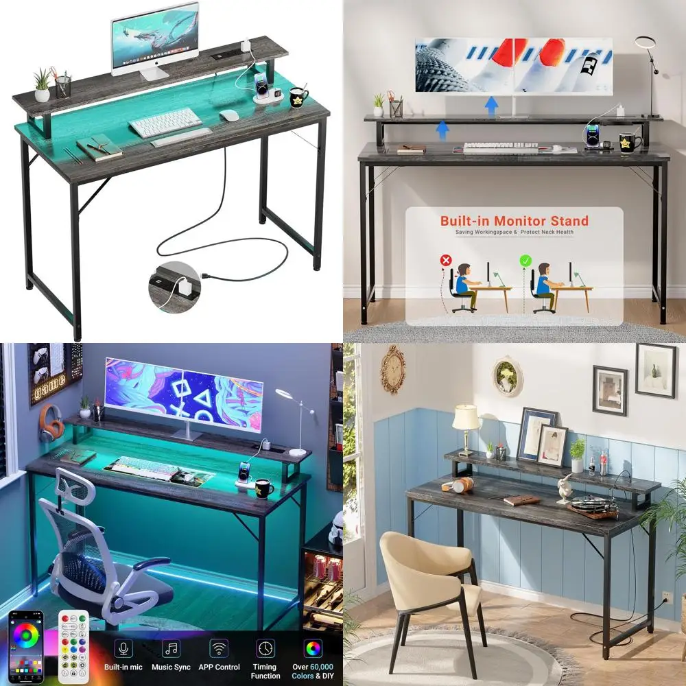47 inch Computer Desk with Power Outlets, Gaming Desk with LED Lights, Home Office Work Desk with Monitor Shelf, Modern Office D
47 inch Computer Desk with Power Outlets, Gaming Desk with LED Lights, Home Office Work Desk with Monitor Shelf, Modern Office D