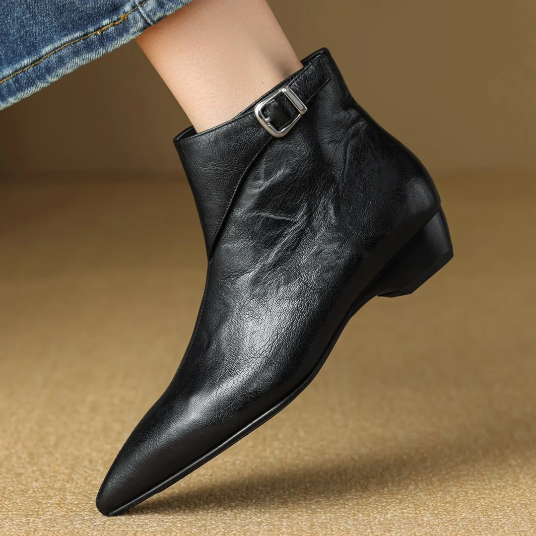 Women's sheepskin pointed toe metal buckle side zip autumn ankle boots 3cm kitten heel elegant ladies dress slim short booties
Women's sheepskin pointed toe metal buckle side zip autumn ankle boots 3cm kitten heel elegant ladies dress slim short booties