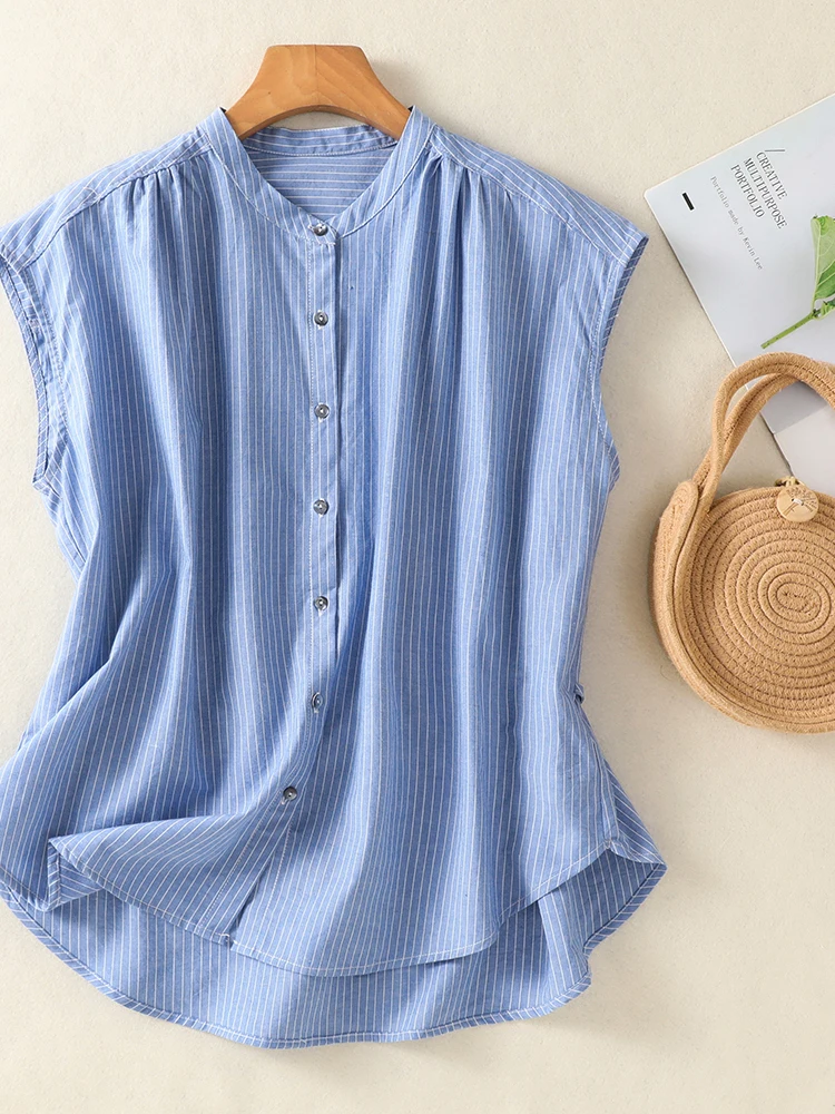 Blue Striped Summer New Style Women's Shirt Loose Casual Stand Collar Commute Fly Sleeve Cardigan Top Korean Style Fashion
Blue Striped Summer New Style Women's Shirt Loose Casual Stand Collar Commute Fly Sleeve Cardigan Top Korean Style Fashion