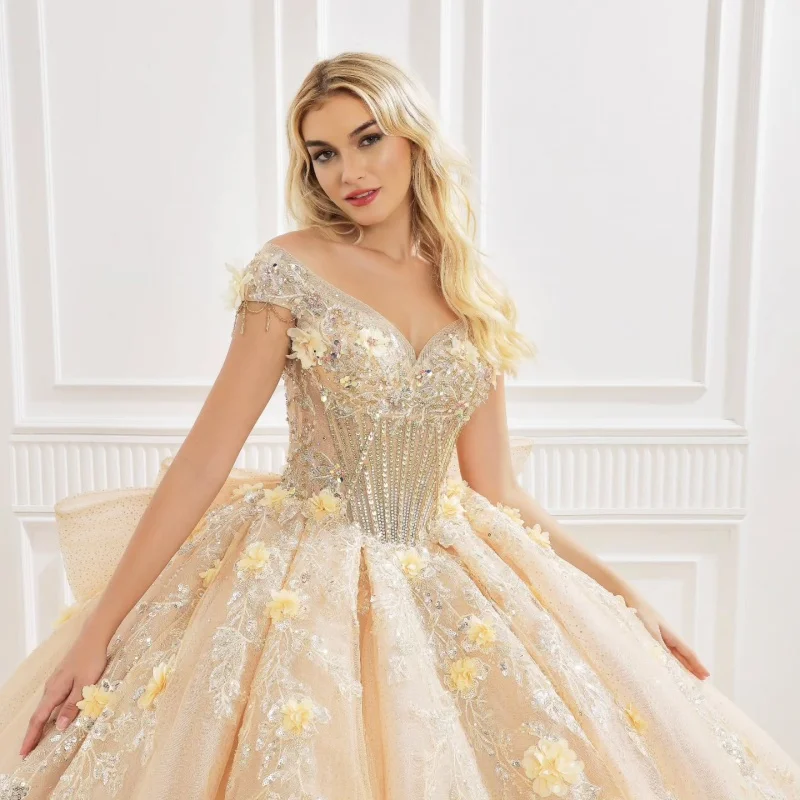 Светло-желтое платье Quinceanera по индивидуальному заказу, аппликация с открытыми плечами, 3D цветок, кристалл, тюль, многослойный бант, платья de 15, Quinceanera
Светло-желтое платье Quinceanera по индивидуальному заказу, аппликация с открытыми плечами, 3D цветок, кристалл, тюль, многослойный бант, платья de 15, Quinceanera
