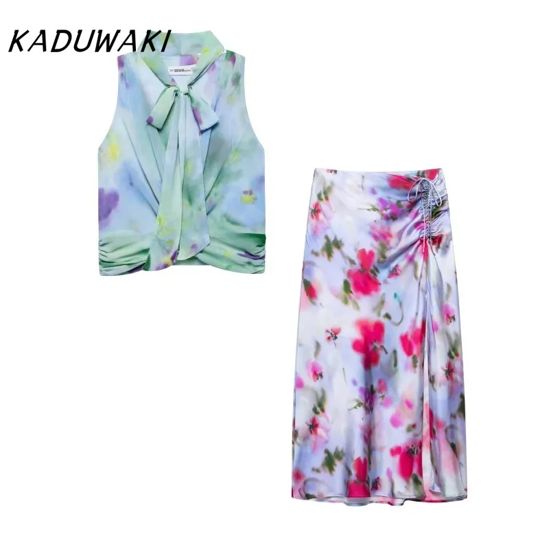KADUWAKI Summer Spring/Summer New Women's Fashion Style Bow Decoration Printed Top Silk Texture Midi Skirt Two-piece Set Платье 
KADUWAKI Summer Spring/Summer New Women's Fashion Style Bow Decoration Printed Top Silk Texture Midi Skirt Two-piece Set Платье