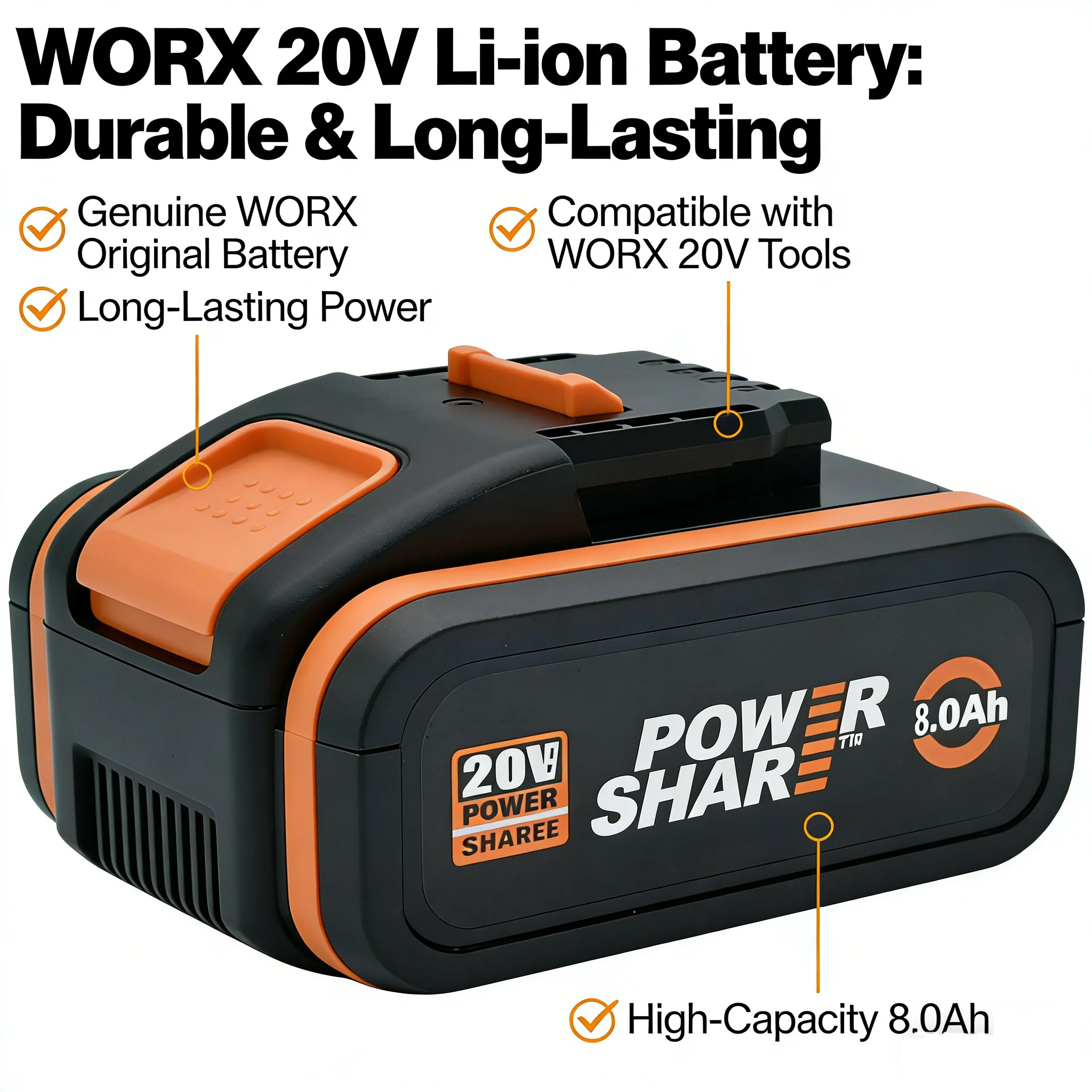 WORX Original 20V Power Share 2.0Ah Battery High Capacity Long Runtime Lightweight Compact for All WORX 20V Tools
WORX Original 20V Power Share 2.0Ah Battery High Capacity Long Runtime Lightweight Compact for All WORX 20V Tools