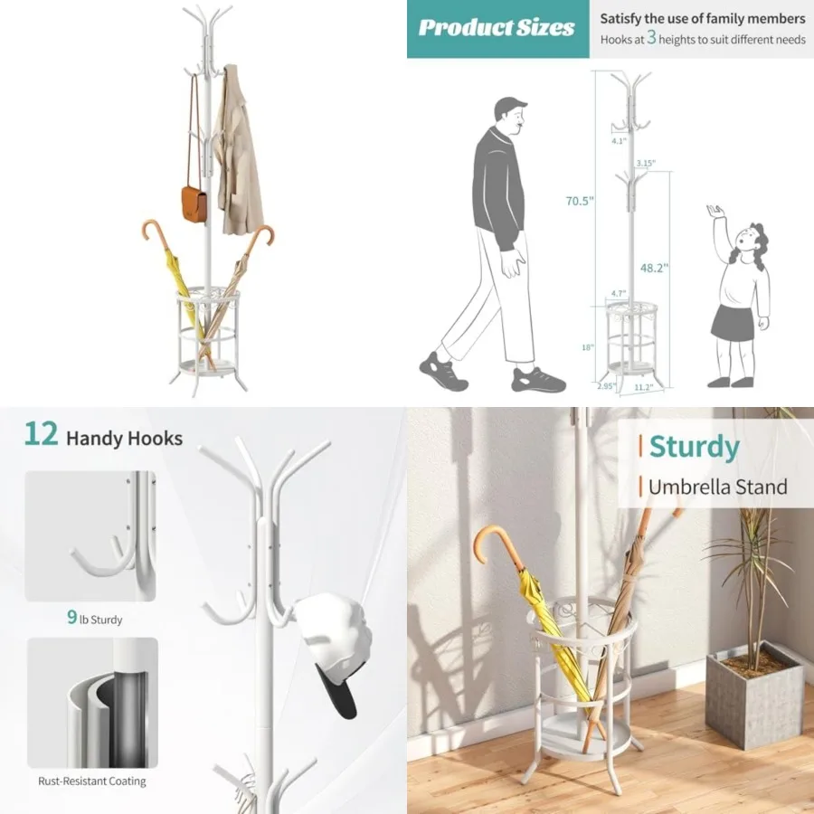 Coat Rack with Umbrella Holder, Metal Coat Rack Stand with 12 Hooks, for Entryway, Hallway, Living Room, Bedroom
Coat Rack with Umbrella Holder, Metal Coat Rack Stand with 12 Hooks, for Entryway, Hallway, Living Room, Bedroom