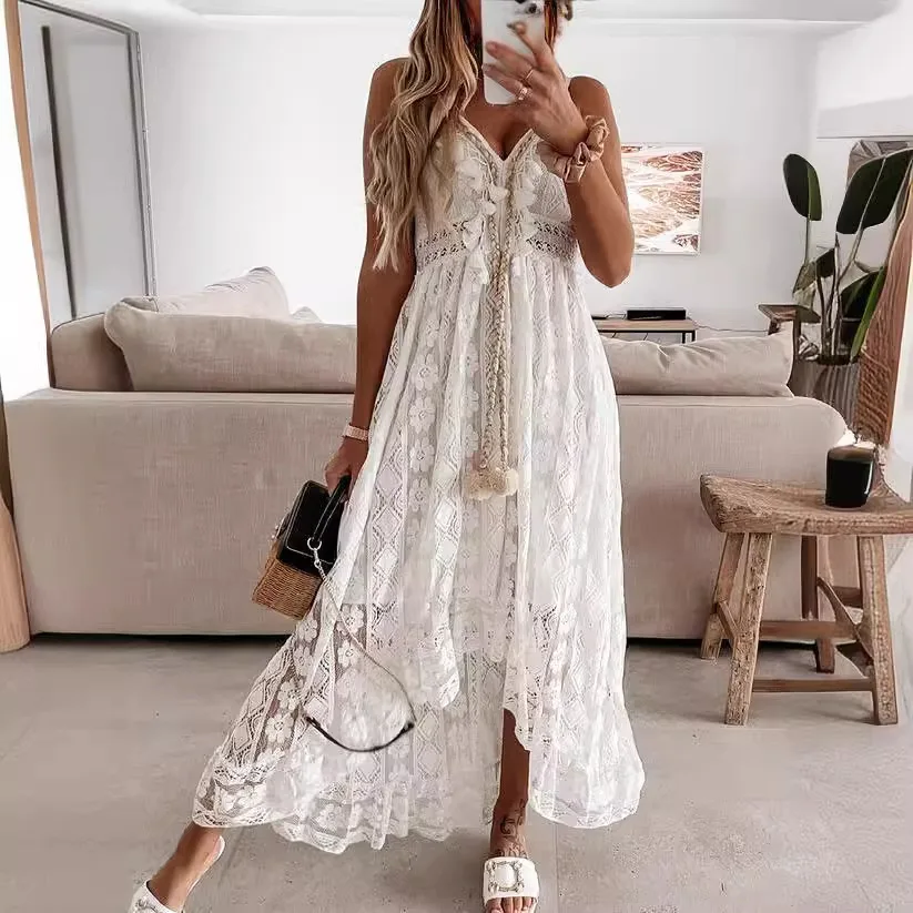 Summer Casual Lace Sleeveless Women's Dresses V Neck Hollow Out Loose Solid Color Fashion Sexy Beach Vacation Long Dress Women
Summer Casual Lace Sleeveless Women's Dresses V Neck Hollow Out Loose Solid Color Fashion Sexy Beach Vacation Long Dress Women