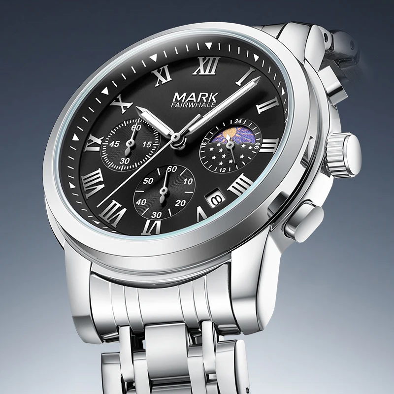 Mark Fairwhale Fashion Stainless Steel Men Quartz Watches Luminous Waterproof Sport with Moon Phase For Men Wristwatch
Mark Fairwhale Fashion Stainless Steel Men Quartz Watches Luminous Waterproof Sport with Moon Phase For Men Wristwatch