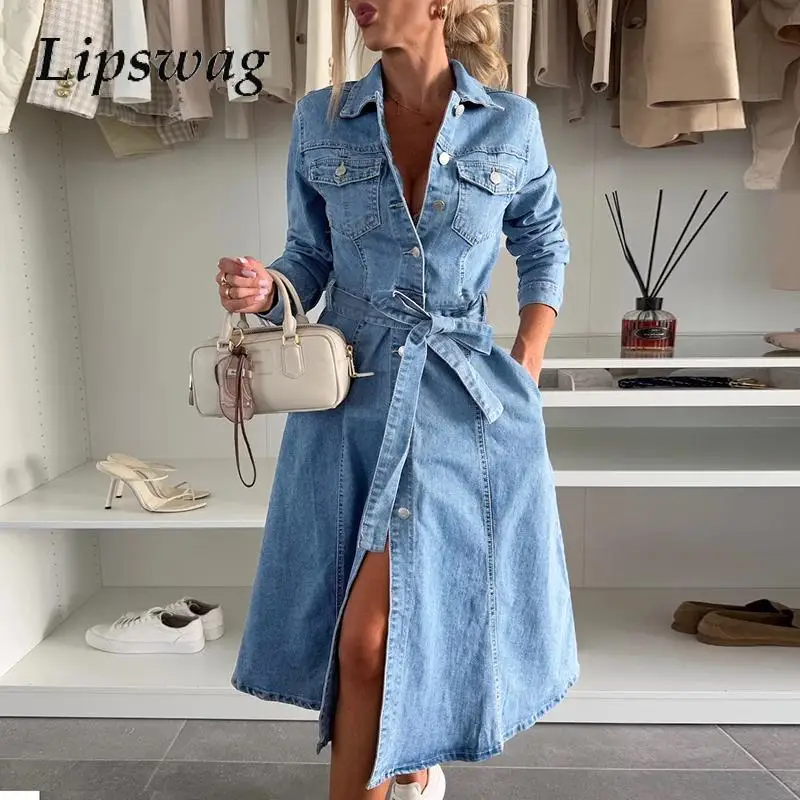 Office Lady Casual Long Sleeves Party Dress Fashion Lapel Button Pockets Loose Midi Dress Elegant Commuting Tie-up Cowboy Dress
Office Lady Casual Long Sleeves Party Dress Fashion Lapel Button Pockets Loose Midi Dress Elegant Commuting Tie-up Cowboy Dress