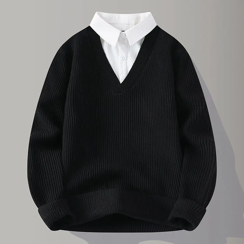 Мужской вязаный свитер с V-образным вырезом, имитация двухслойности, повседневный, комфортный, из полиэфирного волокна, теплый
Мужской вязаный свитер с V-образным вырезом, имитация двухслойности, повседневный, комфортный, из полиэфирного волокна, теплый