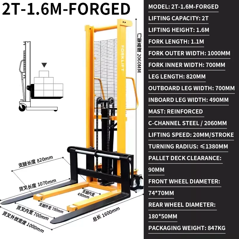 Manual Pallet Stacker 1.5T/2T Hydraulic Forklift 1.6M Stacker for Workshop Use Brake Wheels Hand-Pushed Forklift(Customized)
Manual Pallet Stacker 1.5T/2T Hydraulic Forklift 1.6M Stacker for Workshop Use Brake Wheels Hand-Pushed Forklift(Customized)