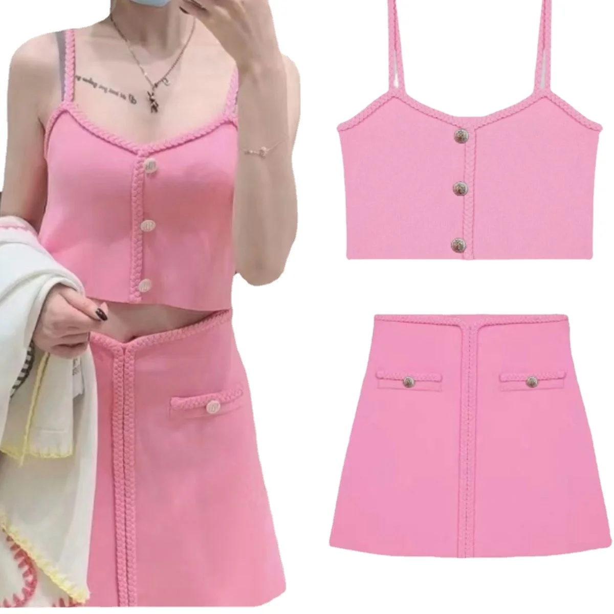 Summer new pink skirt women's vest top fashion all-match slim slim suit
Summer new pink skirt women's vest top fashion all-match slim slim suit