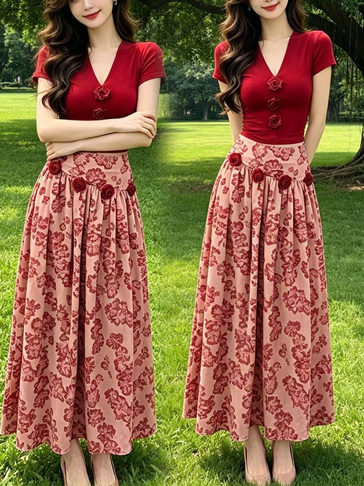 Floral Print Two-Piece Set Women's Summer 2026 Fashion Versatile Slim Fit V-Neck T-Shirt Midi Skirt Set Casual Commute Style
Floral Print Two-Piece Set Women's Summer 2026 Fashion Versatile Slim Fit V-Neck T-Shirt Midi Skirt Set Casual Commute Style