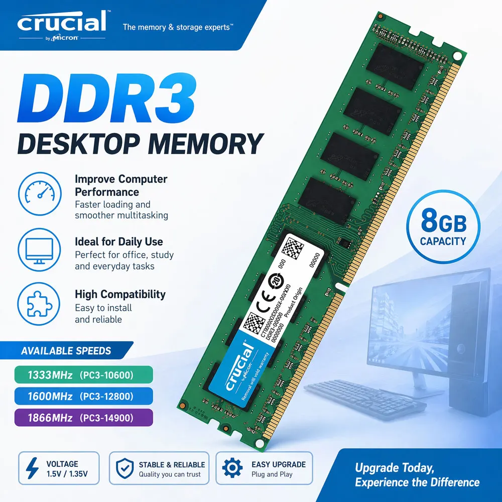 Crucial Memory Desktop RAM DDR3 DDR3L 8GB 4GB 1333 1866 1600MHz DIMM PC3-10600 PC3L-12800 PC3-14900 1.35V 1.5V PC Non-ECC RAMs
Crucial Memory Desktop RAM DDR3 DDR3L 8GB 4GB 1333 1866 1600MHz DIMM PC3-10600 PC3L-12800 PC3-14900 1.35V 1.5V PC Non-ECC RAMs