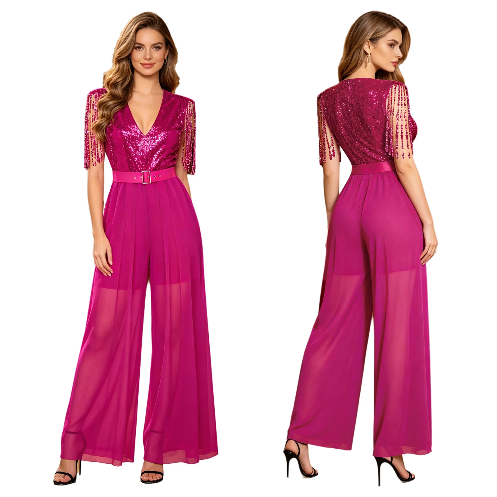 Women Sparkly Sequined Bodice Jumpsuit Deep V Neck Tassel Shoulder Flowy Wide Leg Stretchy Breathable for Party Prom Dance Show
Women Sparkly Sequined Bodice Jumpsuit Deep V Neck Tassel Shoulder Flowy Wide Leg Stretchy Breathable for Party Prom Dance Show