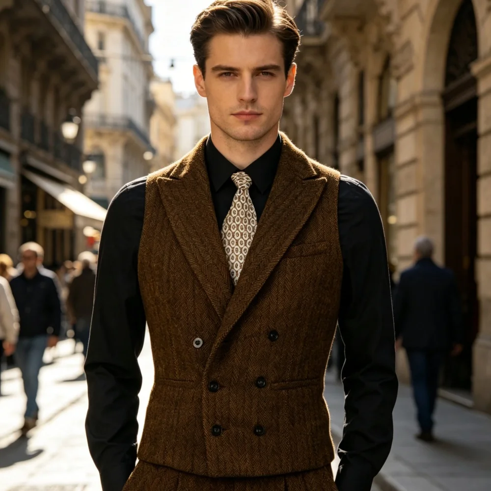 Men's Vest Herringbone Peaked Lapel Men's Business Herringbone Tweed Double Breasted Men's Waistcoat For Wedding
Men's Vest Herringbone Peaked Lapel Men's Business Herringbone Tweed Double Breasted Men's Waistcoat For Wedding