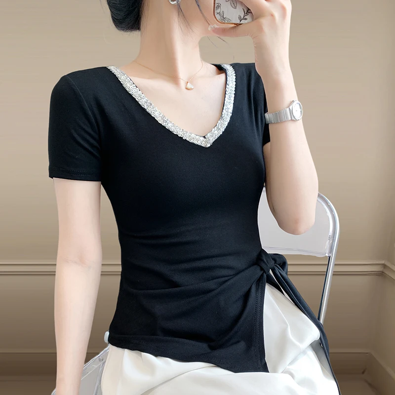 Black,Summer,Korean,Style,Cotton,T-Shirt,Women,Chic,Sexy,V-Neck,Shiny,BeadS,Tops,Short Sleeve,Irregular,Lace up,Tees,New,541505
Black,Summer,Korean,Style,Cotton,T-Shirt,Women,Chic,Sexy,V-Neck,Shiny,BeadS,Tops,Short Sleeve,Irregular,Lace up,Tees,New,541505