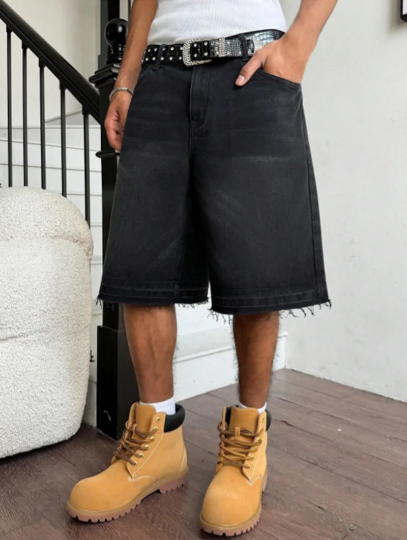 Men's American High-Street Washed Black Baggy Denim Shorts with Raw Hem
Men's American High-Street Washed Black Baggy Denim Shorts with Raw Hem