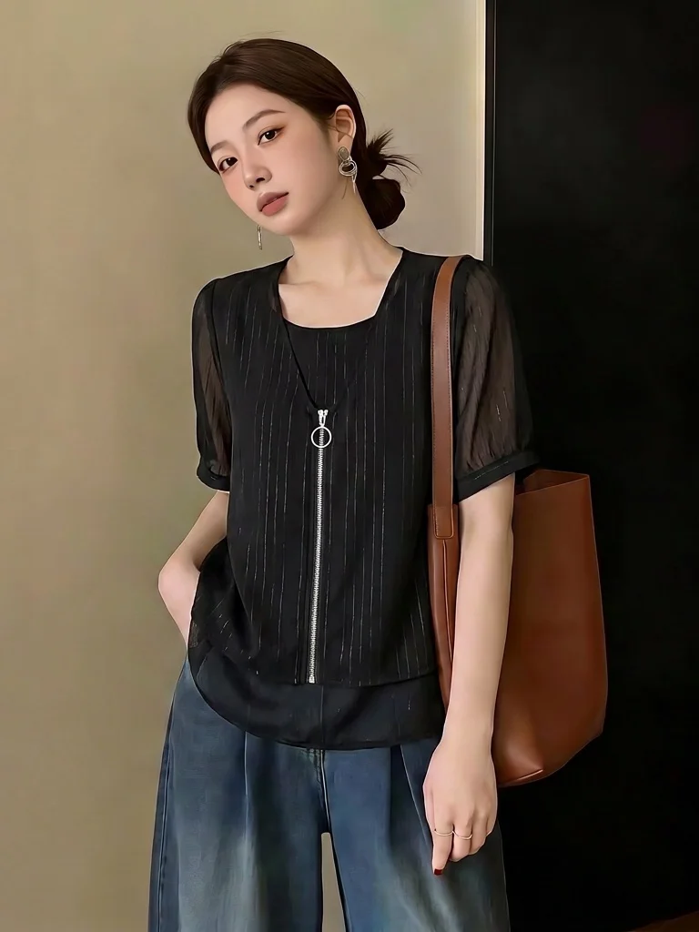 Elegant Black Mesh Shirt Women's Short Sleeve Chiffon Top Shoulder Width Regular Length Korean Style Loose Fit Summer New Arr...
Elegant Black Mesh Shirt Women's Short Sleeve Chiffon Top Shoulder Width Regular Length Korean Style Loose Fit Summer New Arr...