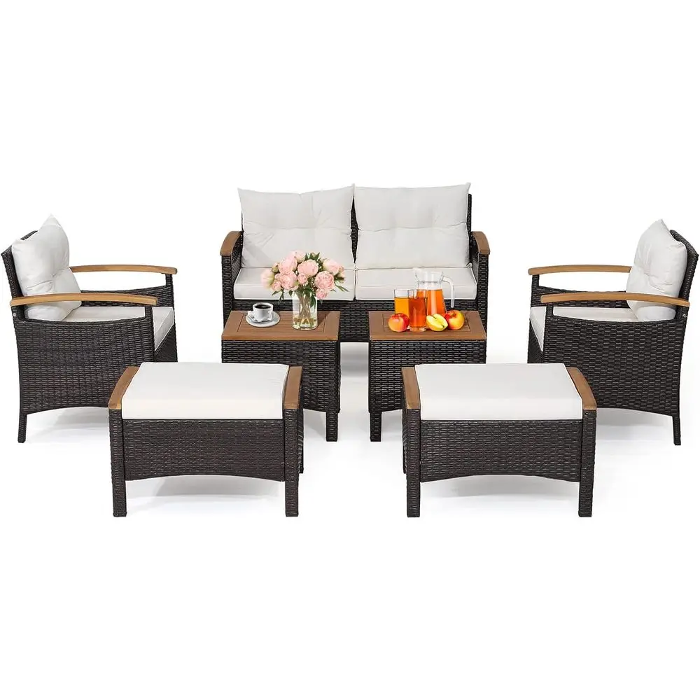 7 Pieces Patio Rattan Soa Set, Outdoor Wicker Contion Set w/Seat & Back Cushions, 2 Ottomans & 2 Coee Tables, Acacia Wood Tablet
7 Pieces Patio Rattan Soa Set, Outdoor Wicker Contion Set w/Seat & Back Cushions, 2 Ottomans & 2 Coee Tables, Acacia Wood Tablet