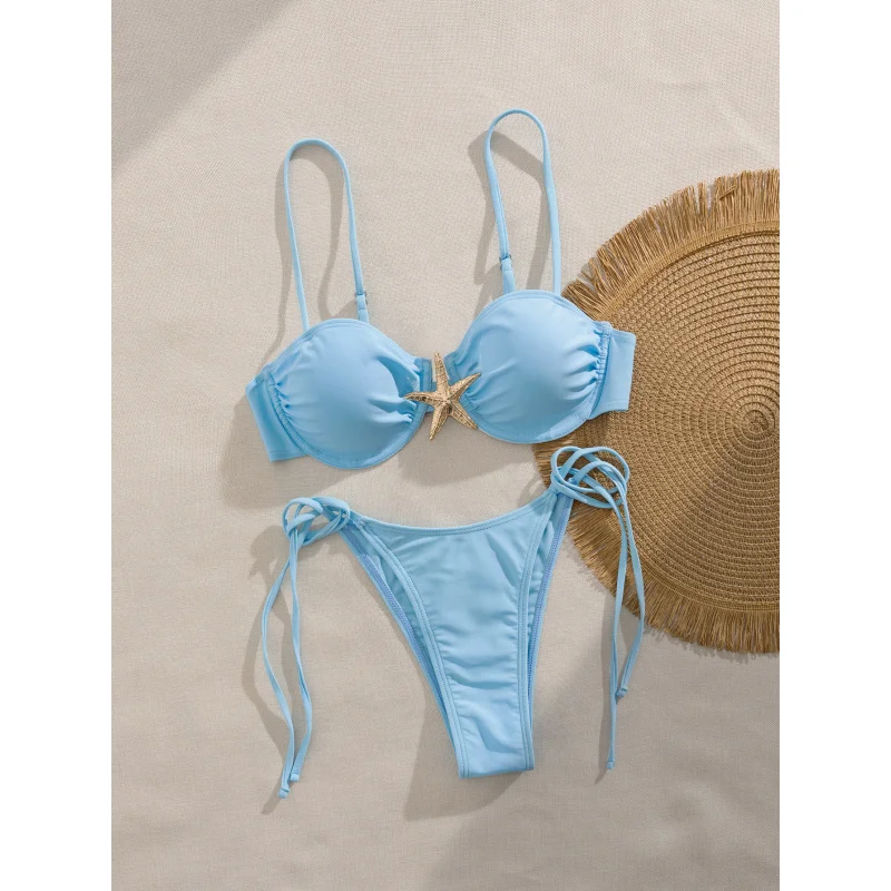 New Solid Color Chest Metal Decoration with Underwire Adjustable Thin Straps Backless Party Bikini Set
New Solid Color Chest Metal Decoration with Underwire Adjustable Thin Straps Backless Party Bikini Set
