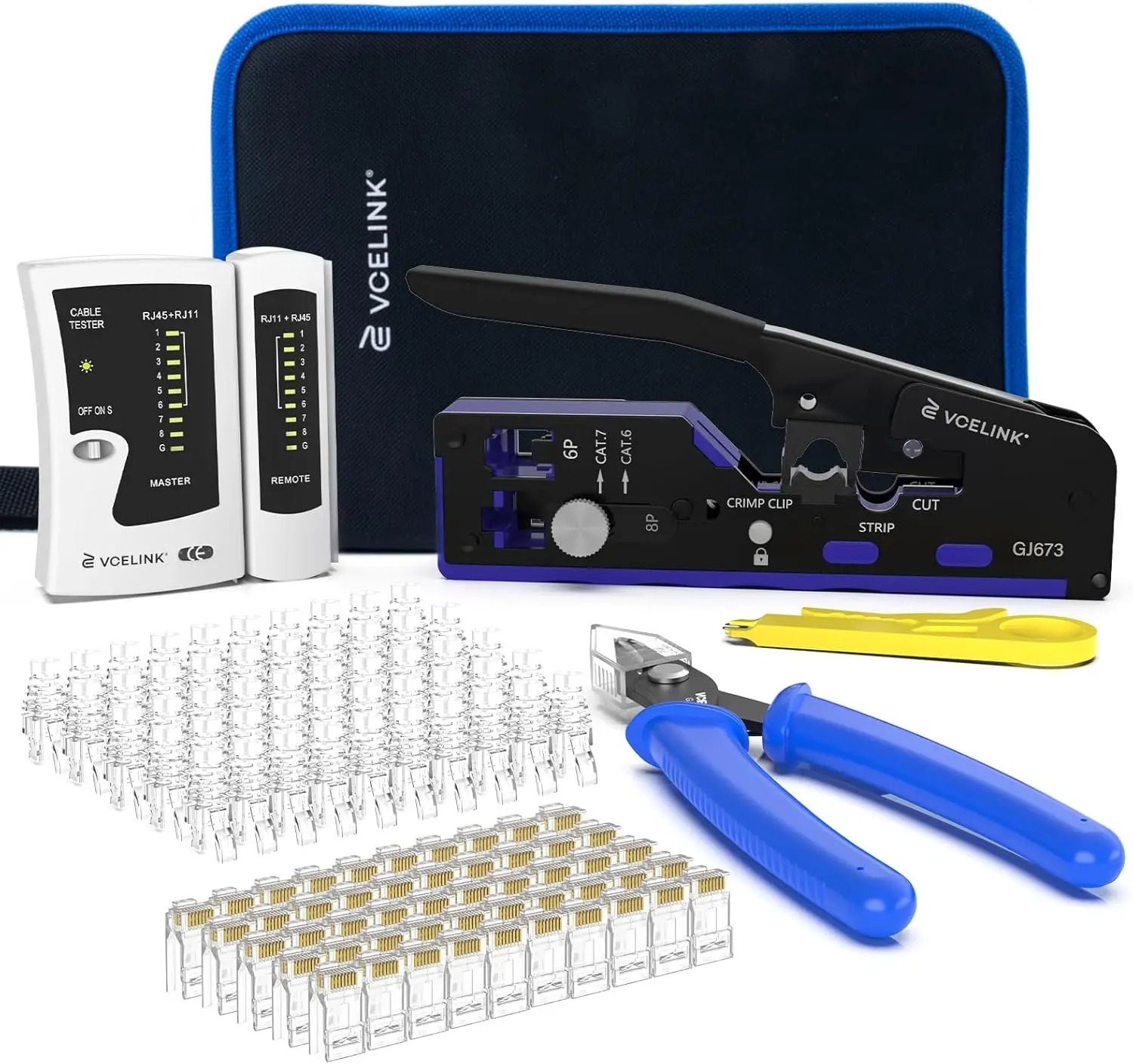 Professional RJ45 Crimp Tool Kit for CAT7/6A/6/5E/5, Ethernet Crimper with 50 Connectors & Boots, Cable Tester
Professional RJ45 Crimp Tool Kit for CAT7/6A/6/5E/5, Ethernet Crimper with 50 Connectors & Boots, Cable Tester