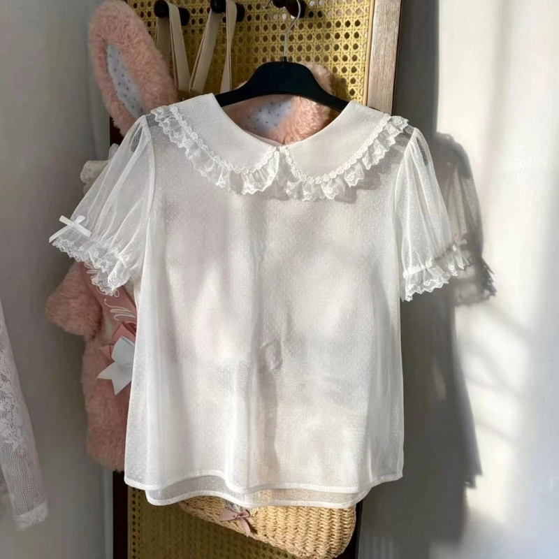 Mesh Peter Pan Collar Puff Sleeve Dot Shirt Preppy Style Short Student Slim Blusas Age Reduction French Exquisite Tops
Mesh Peter Pan Collar Puff Sleeve Dot Shirt Preppy Style Short Student Slim Blusas Age Reduction French Exquisite Tops