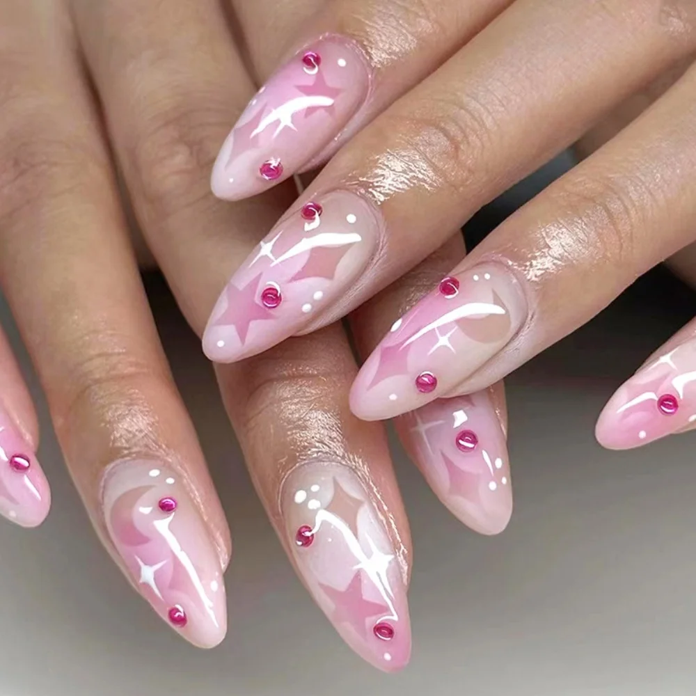 24pcs Pink Fake Nails Fashion Gradient Purple Almond False Nail with Rhinestones Wearable Press on Nails Star Design Manicure
24pcs Pink Fake Nails Fashion Gradient Purple Almond False Nail with Rhinestones Wearable Press on Nails Star Design Manicure