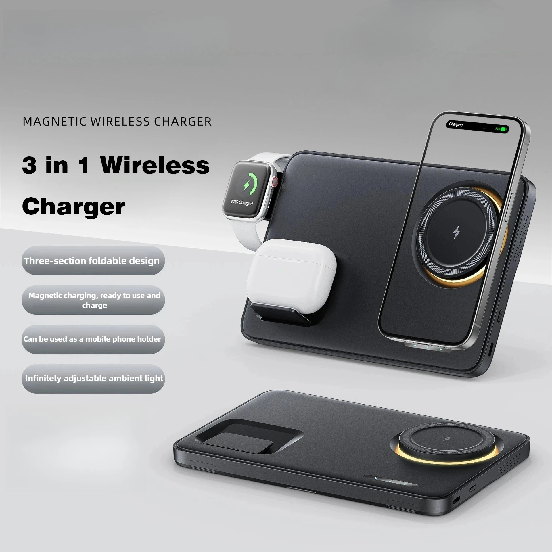 Складное магнитное беспроводное зарядное устройство 3-в-1 15 Вт для зарядного устройства Magsafe MagSafe IPhone Android, беспроводная быстрая зарядка, подставка для телефона
Складное магнитное беспроводное зарядное устройство 3-в-1 15 Вт для зарядного устройства Magsafe MagSafe IPhone Android, беспроводная быстрая зарядка, подставка для телефона
