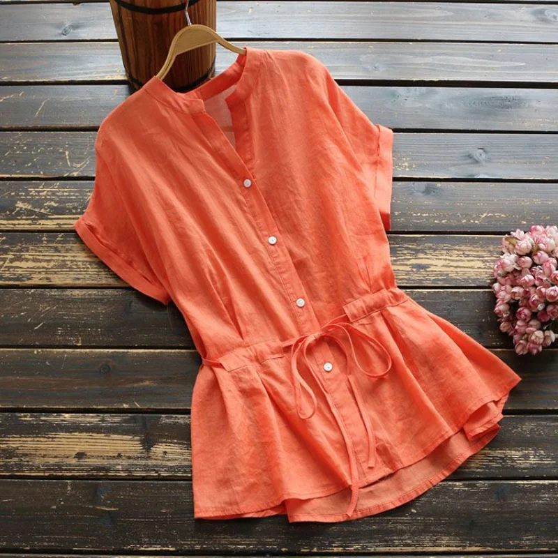 Vintage Drawstring Loose Shirt Tops Summer New All-match Solid Button Lacing Short Sleeve T Shirts Fashion Casual Women Clothing
Vintage Drawstring Loose Shirt Tops Summer New All-match Solid Button Lacing Short Sleeve T Shirts Fashion Casual Women Clothing