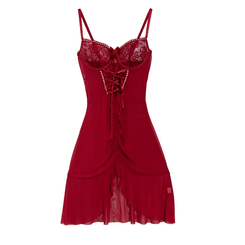 Bikini lace patchwork hollow-out nightdress with bow ties and see-through mesh lingerie two-piece set
Bikini lace patchwork hollow-out nightdress with bow ties and see-through mesh lingerie two-piece set