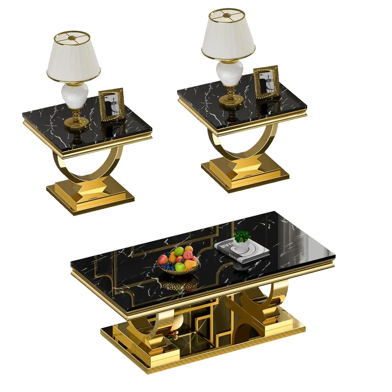 3 Piece Faux Marble Coffee & End Table Set Modern Black Gold Double O Shape Stainless Steel Base Living Room, Customized
3 Piece Faux Marble Coffee & End Table Set Modern Black Gold Double O Shape Stainless Steel Base Living Room, Customized