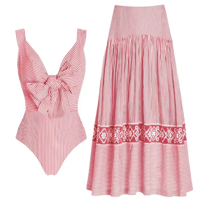 Women's One-piece Summer Swimwear Bow Stripe Print swimsuit Set for Beach Dresses Skirt Vacation Style Wear
Women's One-piece Summer Swimwear Bow Stripe Print swimsuit Set for Beach Dresses Skirt Vacation Style Wear