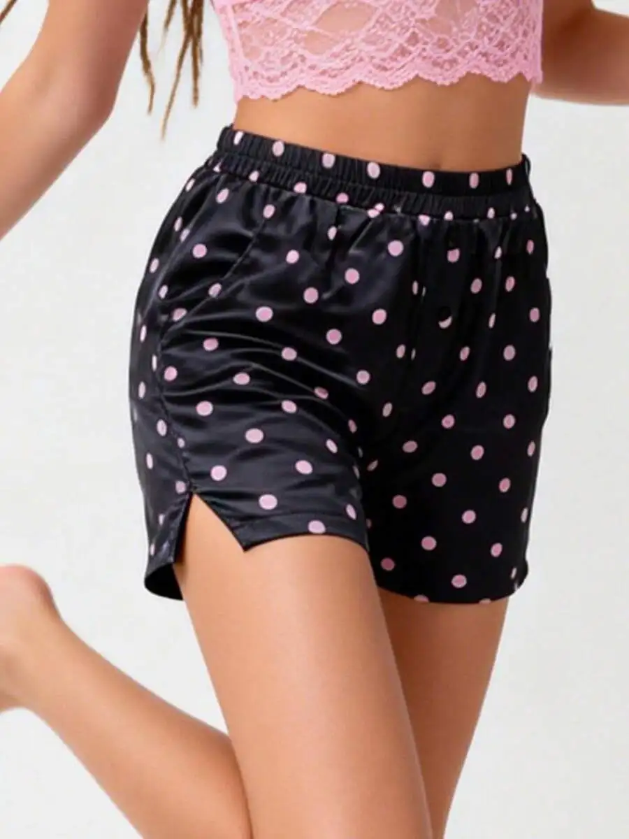 Black Satin Polka Dot Lounge Shorts For Women, Elastic Waist, Side Cutout, Soft Sleepwear With Pink Dots
Black Satin Polka Dot Lounge Shorts For Women, Elastic Waist, Side Cutout, Soft Sleepwear With Pink Dots