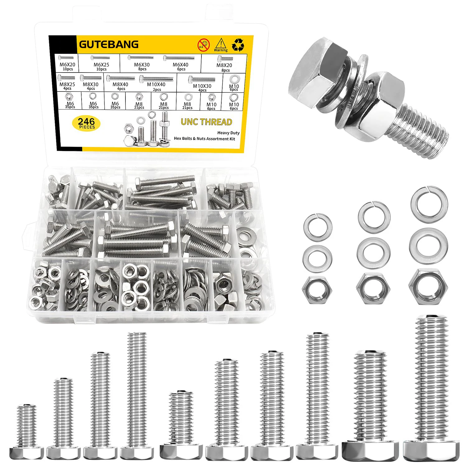 246-piece M6M8M10 hex head bolts and nuts, flat washers and lock washers set for home, automotive, electronics and industrial re
246-piece M6M8M10 hex head bolts and nuts, flat washers and lock washers set for home, automotive, electronics and industrial re