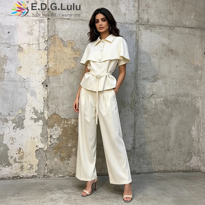 EDGLuLu New Style Lapel Cape Style Shawl Short Sleeved Shirt+Wide-Leg Pants White Suit 2 Pieces Set For Woman 0608
EDGLuLu New Style Lapel Cape Style Shawl Short Sleeved Shirt+Wide-Leg Pants White Suit 2 Pieces Set For Woman 0608
