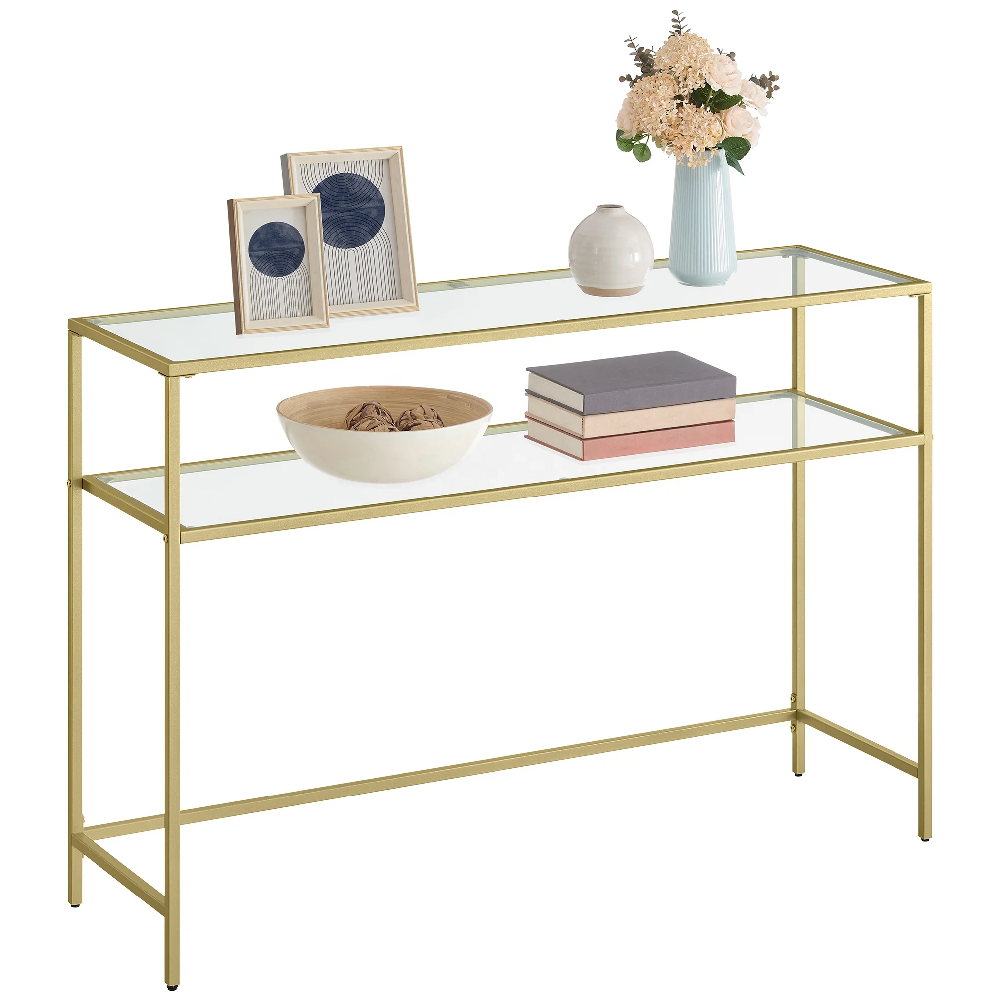 Modern Luxury Living Room Furniture Gold Metal Frame Table Glass Top Console Table with Storage Rack
Modern Luxury Living Room Furniture Gold Metal Frame Table Glass Top Console Table with Storage Rack