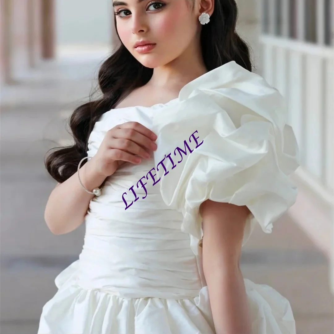 Simple A-Line Flower Girl Dresses Ivory Ruched Ruffle Midi Wedding Party Dress Princess Girl Birthday Dress Customized