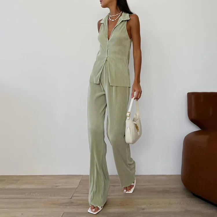 2025 Summer New Casual Women's Two Piece Solid Color Sleeveless Shirt, High Waist Pants, Hundred Fold Set
2025 Summer New Casual Women's Two Piece Solid Color Sleeveless Shirt, High Waist Pants, Hundred Fold Set