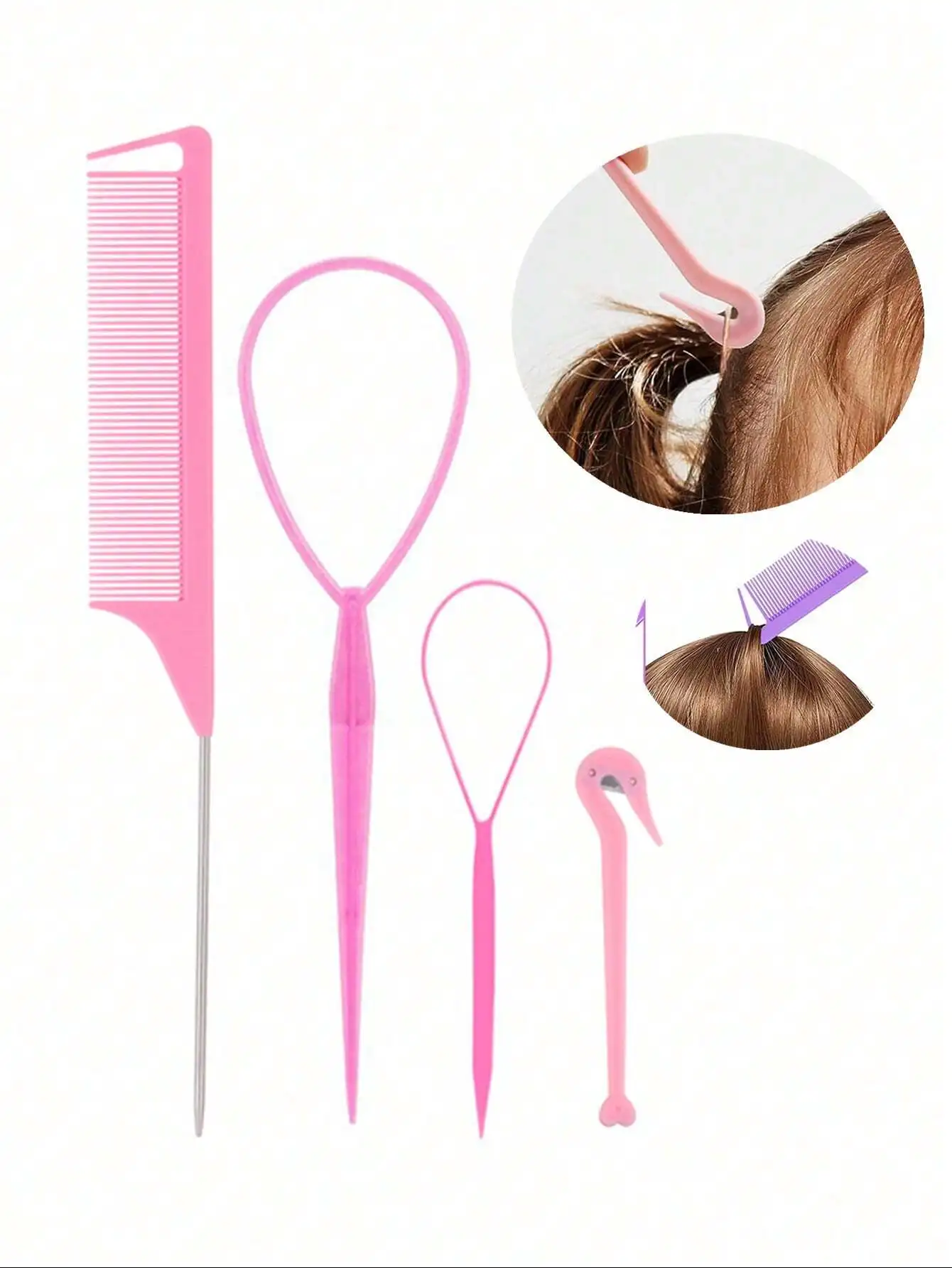 4-Piece Hair Styling Tools Set Hair Loop Tools Hair Braiding Tools With Rat Tail Comb, Ponytail Loop Hair, Curling Iron, Heatless Curling, Hair Curler, Barber Shop Hair Products And Accessories Back To School, Travel Holiday Necessities, Hair Curler, Heat
4-Piece Hair Styling Tools Set Hair Loop Tools Hair Braiding Tools With Rat Tail Comb, Ponytail Loop Hair, Curling Iron, Heatless Curling, Hair Curler, Barber Shop Hair Products And Accessories Back To School, Travel Holiday Necessities, Hair Curler, Heat