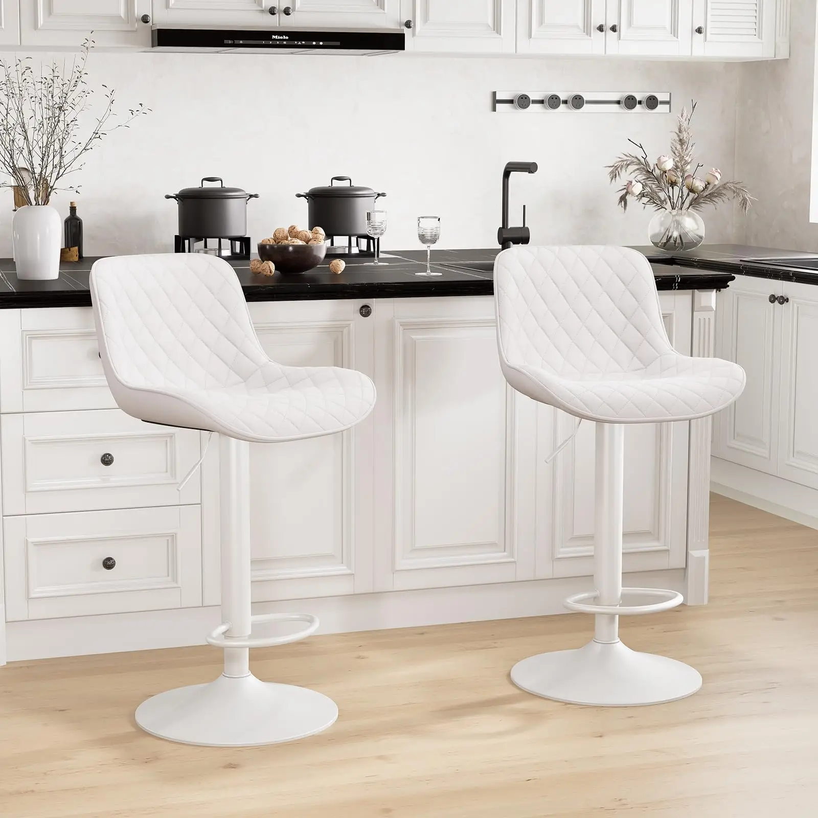 White Quilted Faux Leather Bar Stools Set Of 2, Adjustable Height Swivel Counter Chairs With Padded Back And Metal Base
White Quilted Faux Leather Bar Stools Set Of 2, Adjustable Height Swivel Counter Chairs With Padded Back And Metal Base