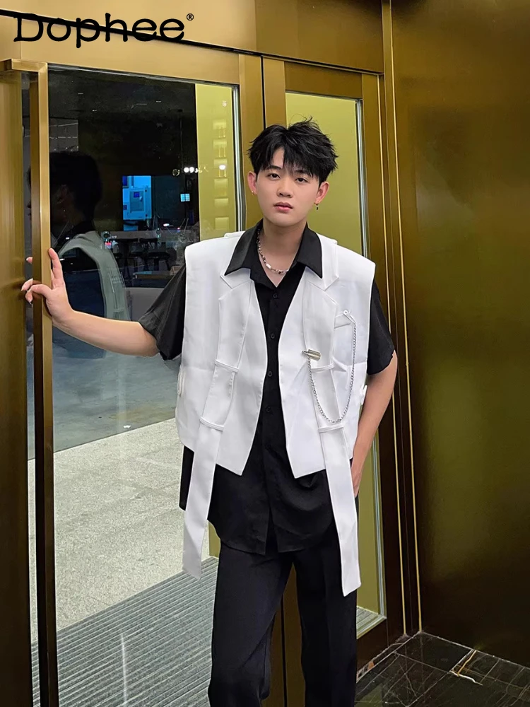 Fashion Suit Vests Men's 2025 Summer New Personality Ribbon Fashion Strap Vest Jackets Male Stylish Solid Color Loose Tank Tops
Fashion Suit Vests Men's 2025 Summer New Personality Ribbon Fashion Strap Vest Jackets Male Stylish Solid Color Loose Tank Tops