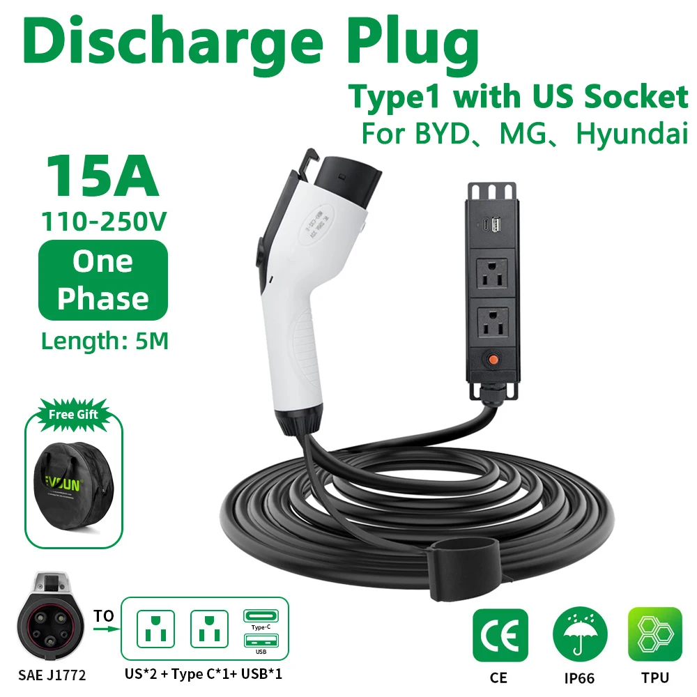 Electric Car Discharge Plug EV Type1 15A Charger Cable US Socket Outdoor Power Supply Station (need car supports V2L)
Electric Car Discharge Plug EV Type1 15A Charger Cable US Socket Outdoor Power Supply Station (need car supports V2L)