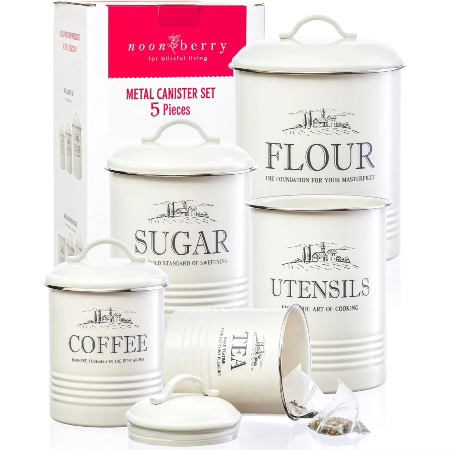 5-Piece Farmhouse Kitchen Canister Set with Utensil Holder, Airtight Metal Canisters for Flour Sugar Coffee Tea, Cream-White
5-Piece Farmhouse Kitchen Canister Set with Utensil Holder, Airtight Metal Canisters for Flour Sugar Coffee Tea, Cream-White