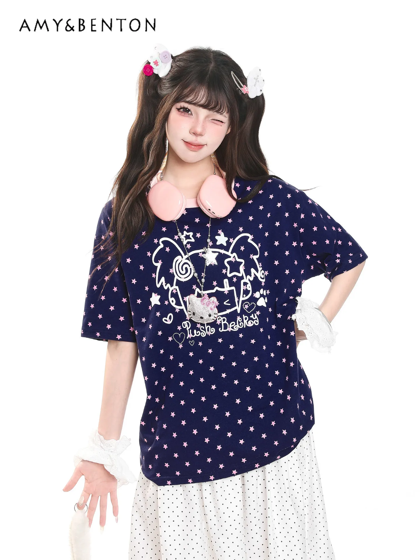 Summer Japanese Subculture Women White Gray Blue Cartoon Figure Polka Dot Print Round Neck Short Sleeve Loose Casual T-Shirt
Summer Japanese Subculture Women White Gray Blue Cartoon Figure Polka Dot Print Round Neck Short Sleeve Loose Casual T-Shirt