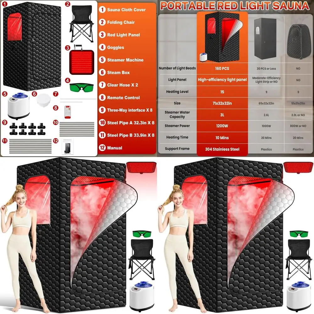 Portable Red Light Therapy Steam Sauna Tent, 3L/1200W Steamer, 15 Heat Levels, Chair Included, Ideal for Home Spa Experience
Portable Red Light Therapy Steam Sauna Tent, 3L/1200W Steamer, 15 Heat Levels, Chair Included, Ideal for Home Spa Experience