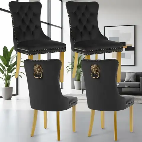 Set di 4 sedie da pranzo moderne capitonné in velluto con maniglie a testa di leone, gambe in legno dorato, sedie da cucina di lusso imbottite nere